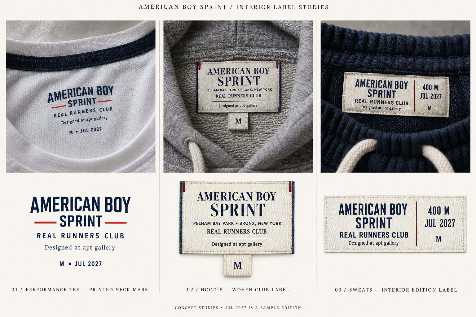 Three proposed interior labels for American Boy Sprint apparel
